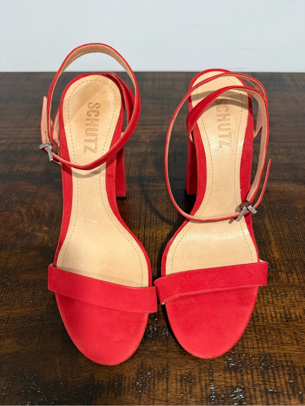 Schutz Red Suede Block Heel Sandals / size 6.5 /